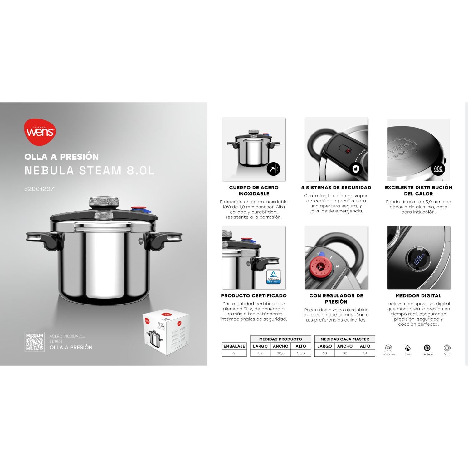 Olla a Presión de Acero Inoxidable 8Ltrs Nebula Steam Wens
